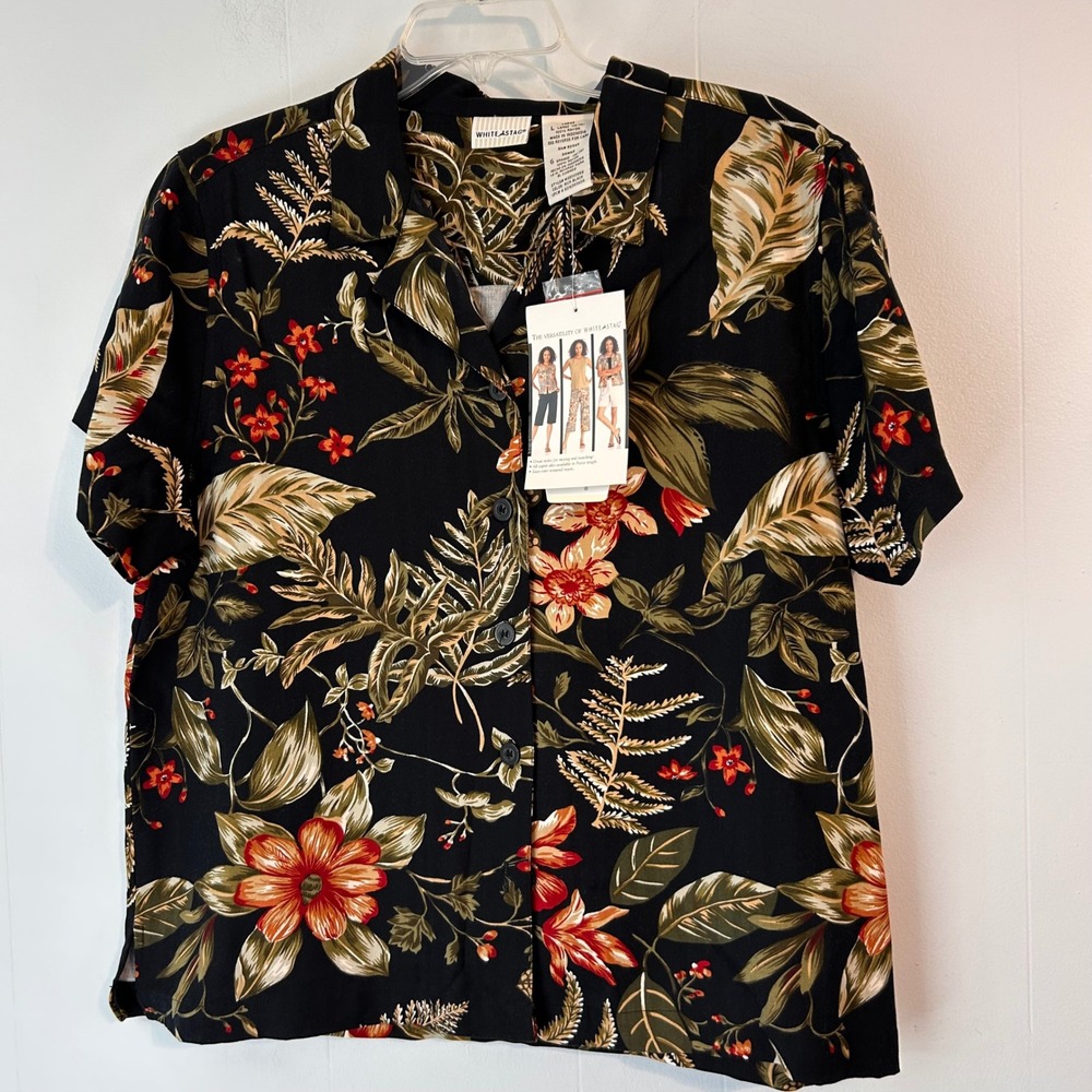 White Stag Womens Large Tropical Floral Rayon Button Down Shirt Black WS511008D